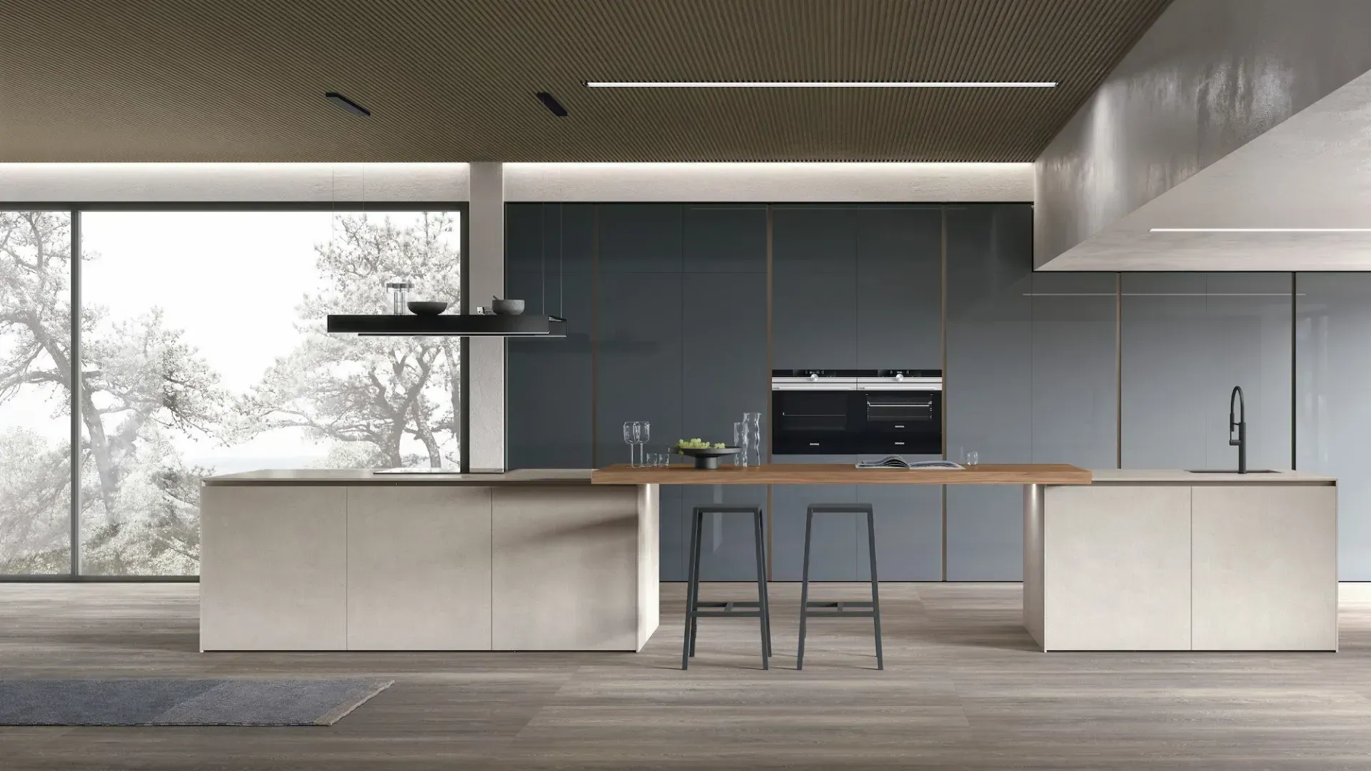 Neolith® Shilin Slate islands, Rovere Conero snack top, Termocotto Onda columns