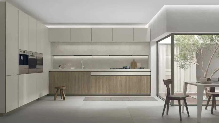 Satin Hemp Glass, Onda Walnut Bases, Neolith® Shilin Slate Wall Units, Tops and Backsplash