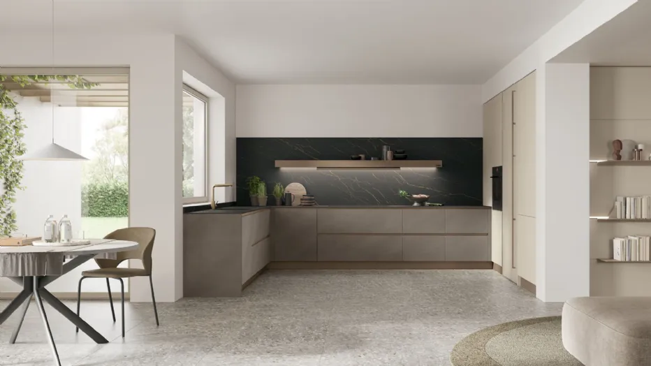 Matt Cachemere Pet, Malta Ombra laminate, Oro Nero HPL worktop.
