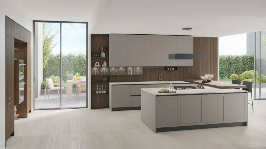 Thermo-structured Rovere Liquirizia, matt Grigio Fumo Pet, Dekton Entzo worktop.