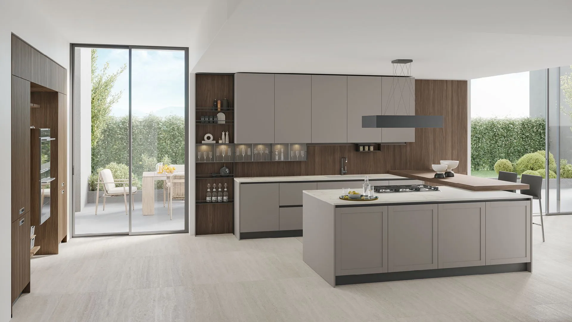 Thermo-structured Rovere Liquirizia, matt Grigio Fumo Pet, Dekton Entzo worktop.