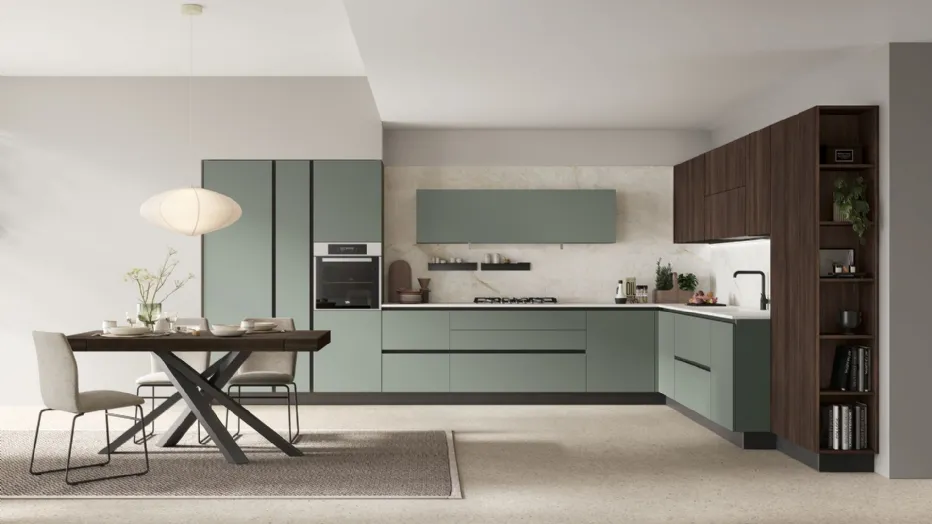 Thermo-structured Rovere Cumino, matt Verde Pistacchio Pet, Everest Neolith worktop.