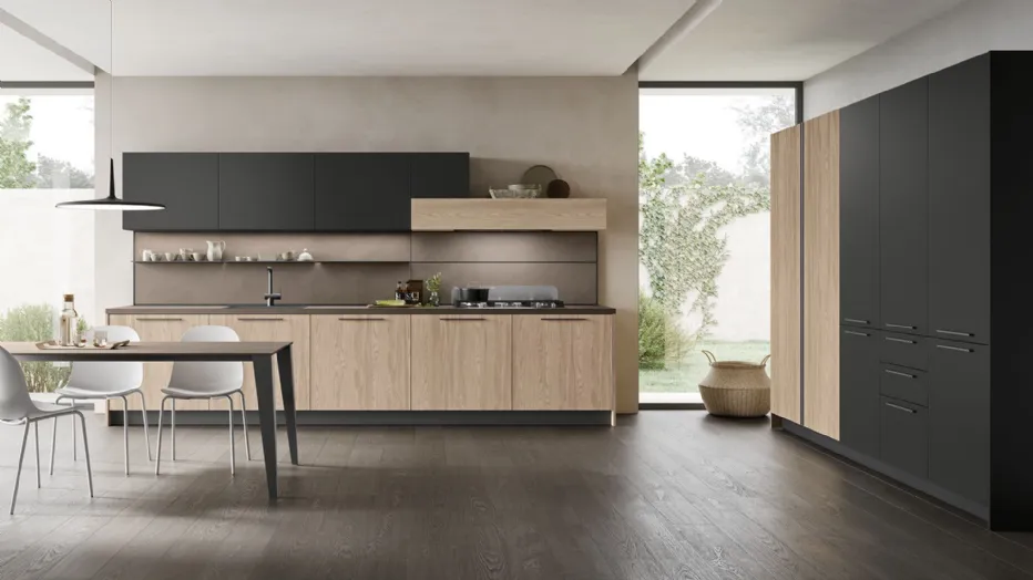 Thermo-structured Rovere Spiga, Matt Black Pet, Malta Ombra laminate worktop.