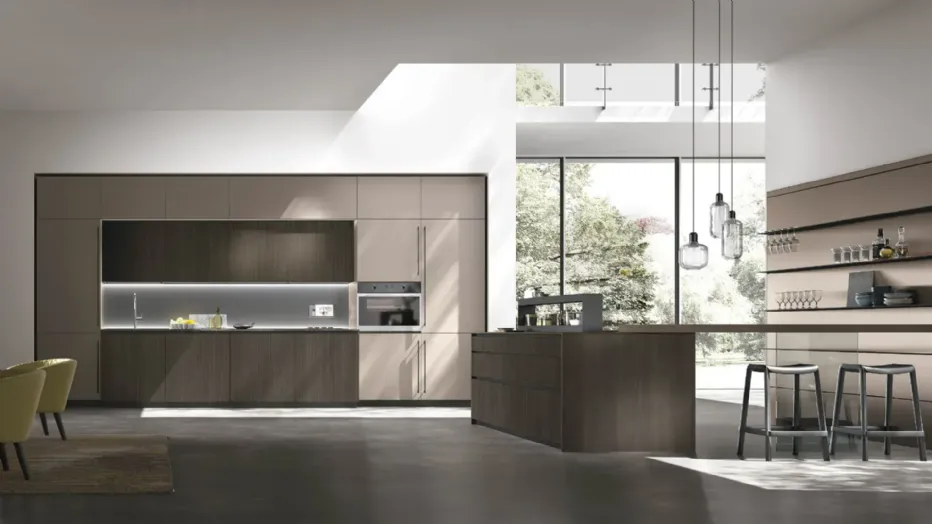 Riga Conero Oak base and wall units, Steel Metal Pet columns and wall units. Mars finish quartz countertop.