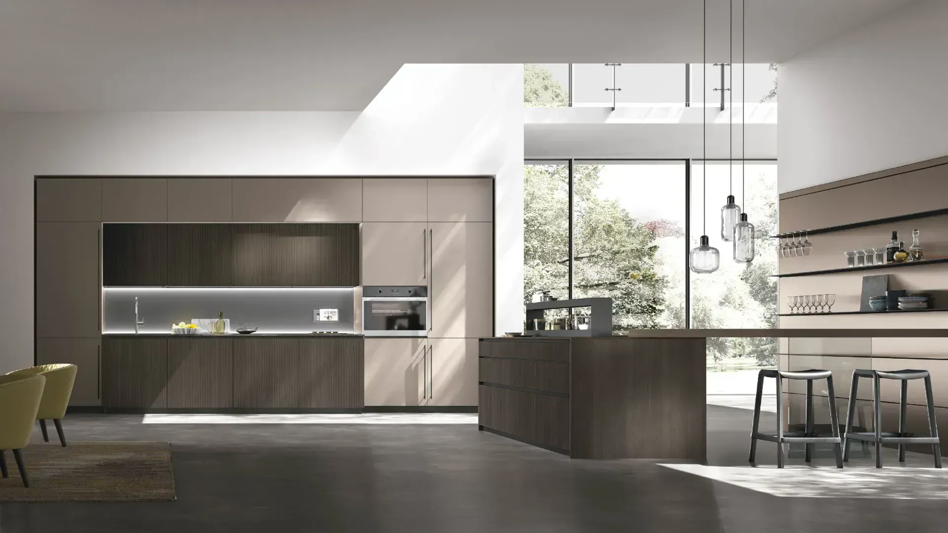 Riga Conero Oak base and wall units, Steel Metal Pet columns and wall units. Mars finish quartz countertop.