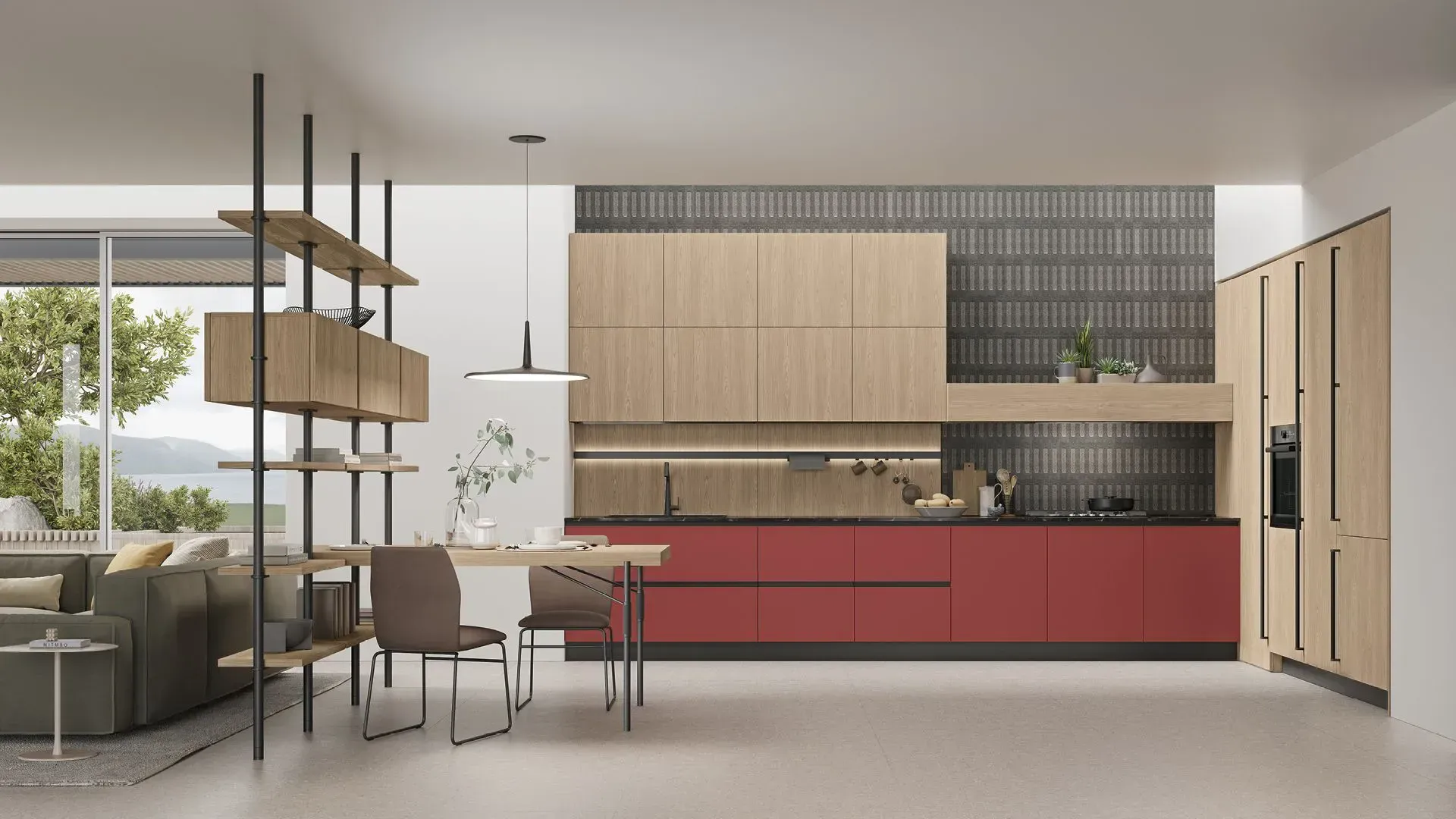 Marine Walnut, Coral, and a glossy Fossil Brown laminate countertop meet in the kitchen with their different materials and characteristics.