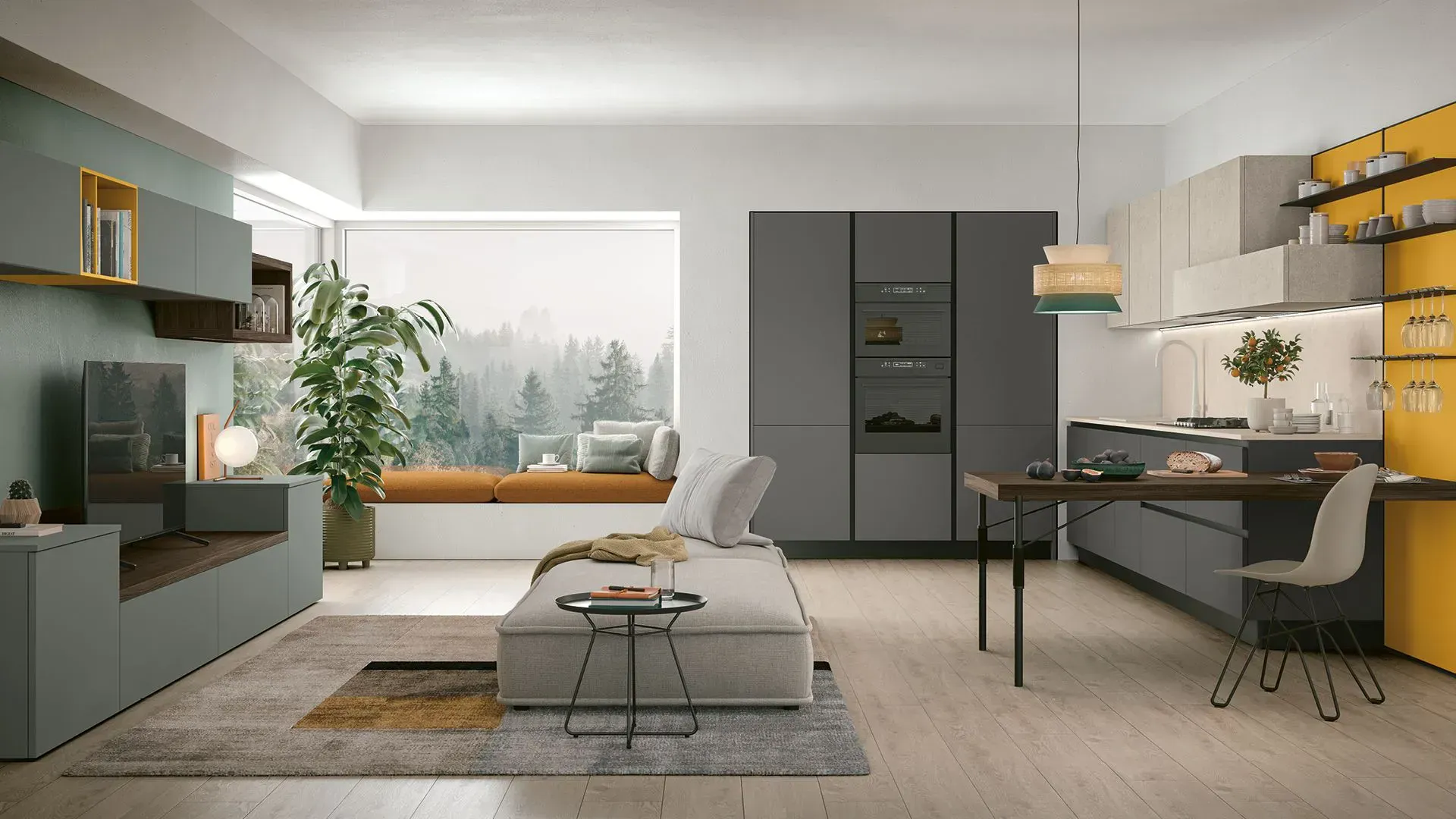 A kitchen in step with the times and the pace of the city, where even smart working finds its dedicated space. Basalto, Giada, Topazio, Pietra Ghiaia, Sapienstone Ivory countertop.