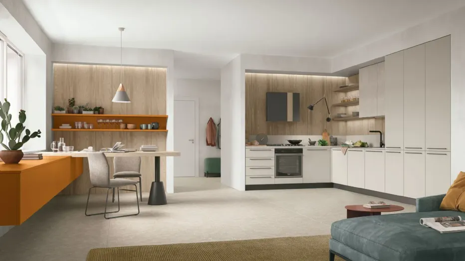 A mix of dark tones and wood, which highlight the different areas of the kitchen.