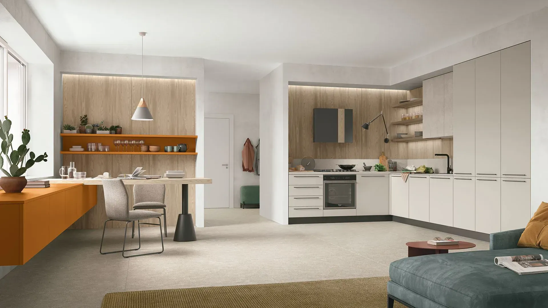 A mix of dark tones and wood, which highlight the different areas of the kitchen.