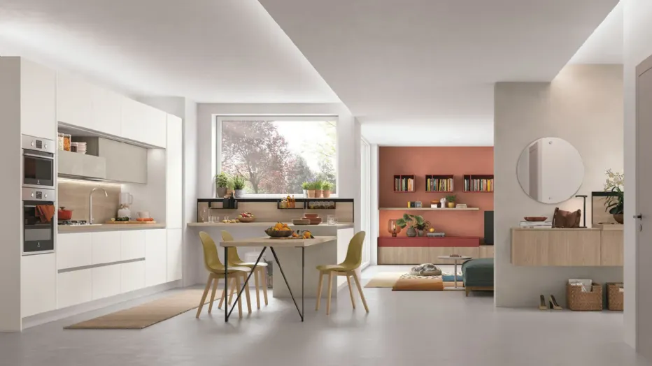 Noce Marino, Pietra Ghiaia, Pietra Corallo, Artico give shape to a trendy, one-of-a-kind kitchen.